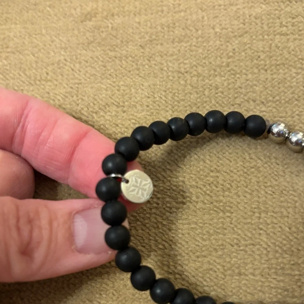 Rustic Cuff Black and Silver Beaded Bracelet with Logo Charm - Picture 4 of 6